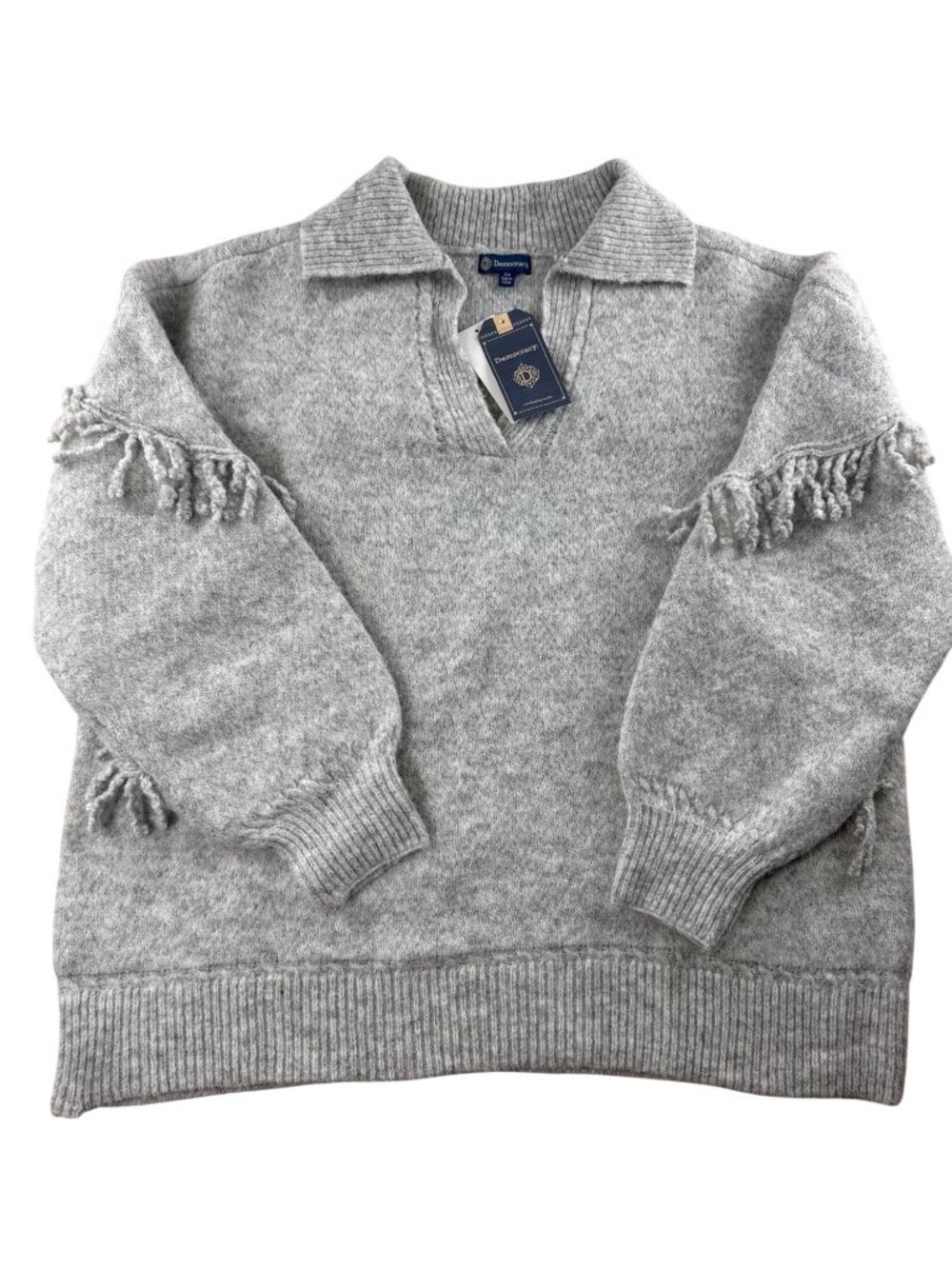 Democracy Fringe Detail Collared Pullover Sweater Heather Gray 2X NWT Western